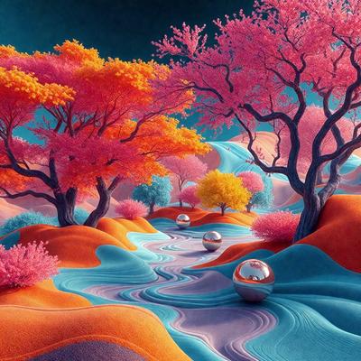 The primary subject of the image is a colorful landscape featuring a river with trees and rocks. The setting is a vibrant, artistic environment with a mix of blue, orange, and pink colors. The visual style is a digital art or illustration, creating a surreal and whimsical atmosphere. The colors and mood convey a sense of wonder and creativity, making the scene both visually appealing and imaginative.